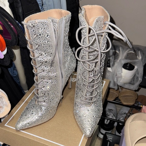 Steve Madden Silver Heeled Lace-Up Boots - Picture 1 of 4